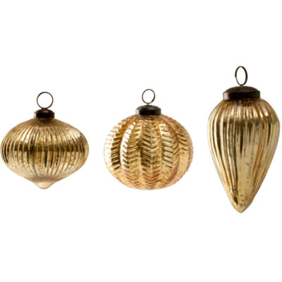 set of 3 gold glass ornaments