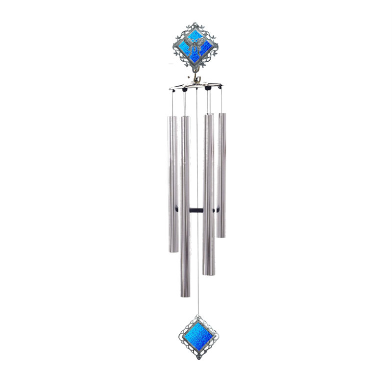 Carillon éolien - papillon vitrail 36 po - verre bleu sarcelle - tube, Bleu sarcelle / argenté