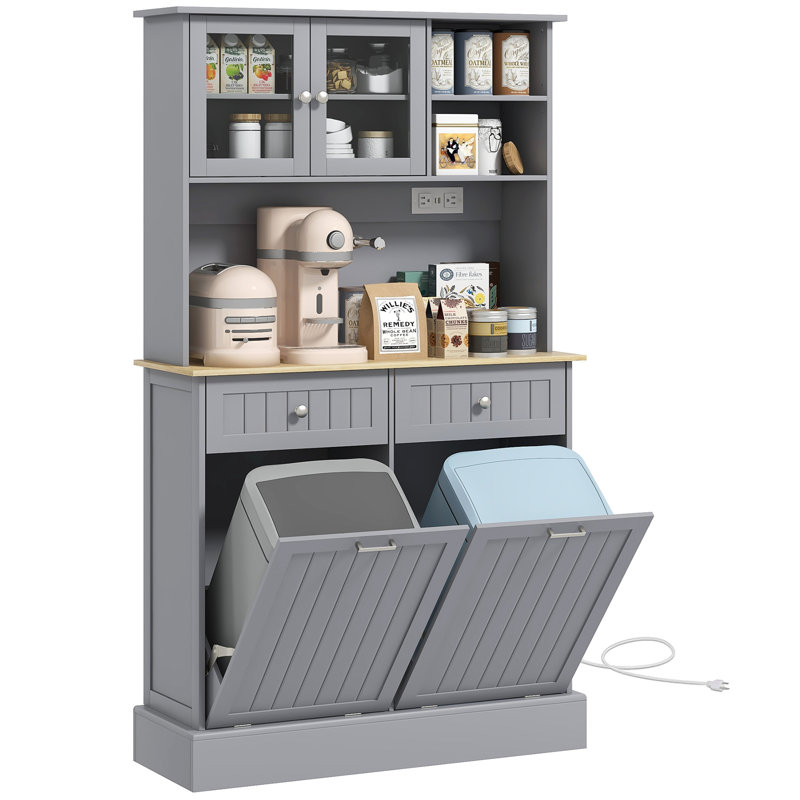 Kitchen Pantry Storage Cabinet With Charging Station, 2 Tilt Out Trash Cabinets And Microwave Stand, Freestanding Kitchen Hutch With Glass Doors And Adjustable Shelf