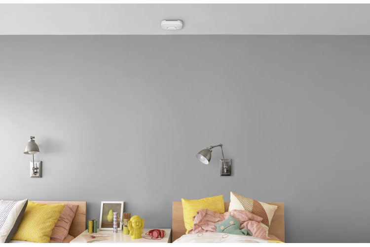 bedroom with two twin beds and a smoke detector installed on the ceiling