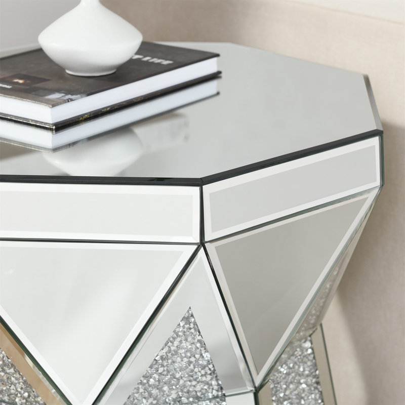 Drum Style Coffee Table With Mirror Crystal Inlay, Polygonal Silver Decorative Table