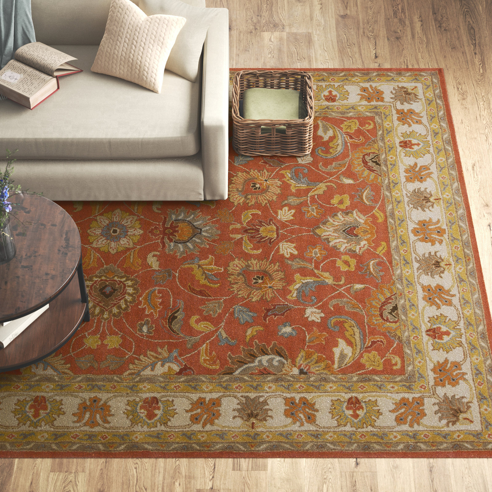 Arden Orange Hand-Tufted Wool Floral Rug, Rectangle 6' x 9'