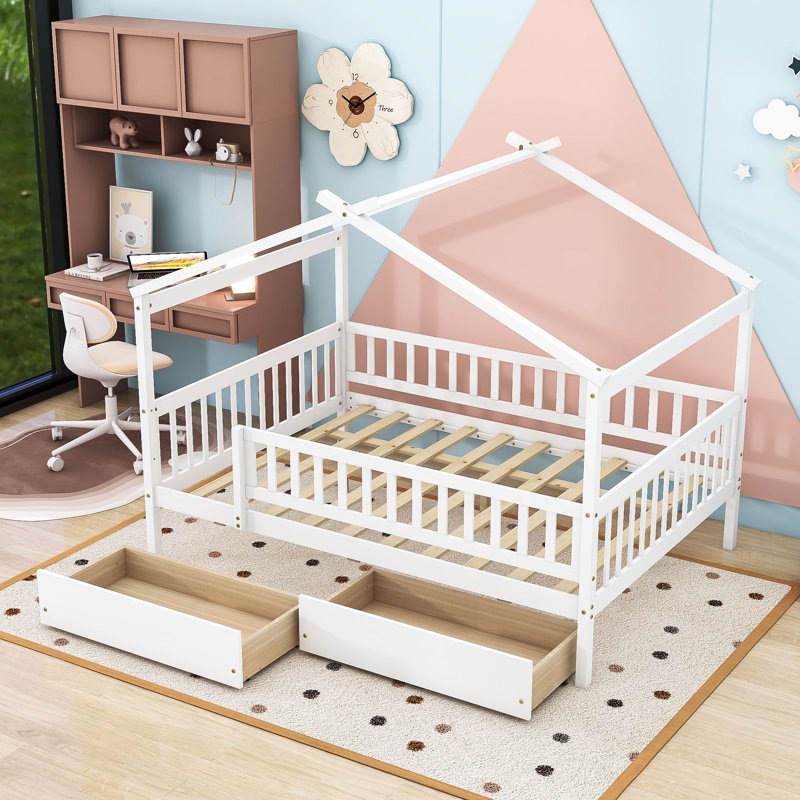 Lit en bois en forme de maison avec tiroirs de rangement pour la chambre à coucher, Double, Blanc