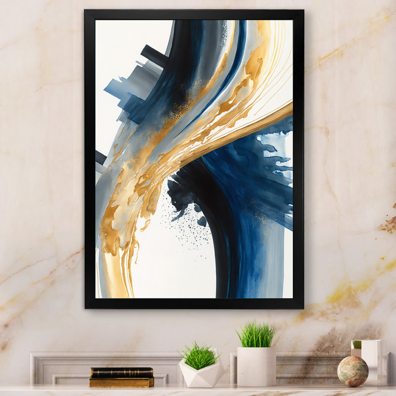 Bleu et or tourbillon abstrait I - abstrait spirales murales, Cadre photo noir, H 20 po x l 12 po x P 1 po