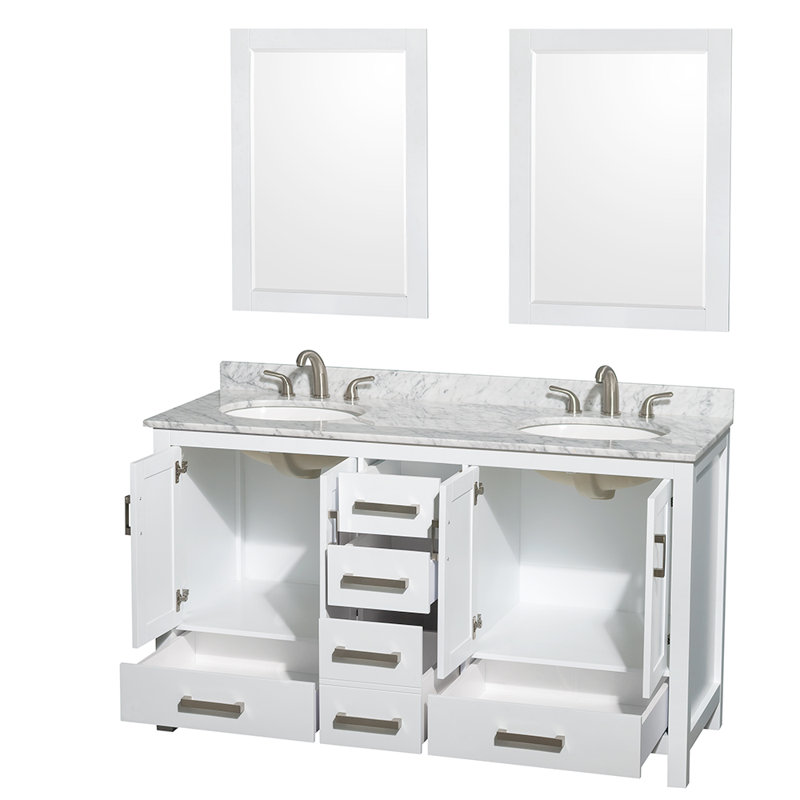 Sheffield 60" Freestanding Double Bathroom Vanity with Marble Top with 24" Mirrors, White, Brushed Chrome