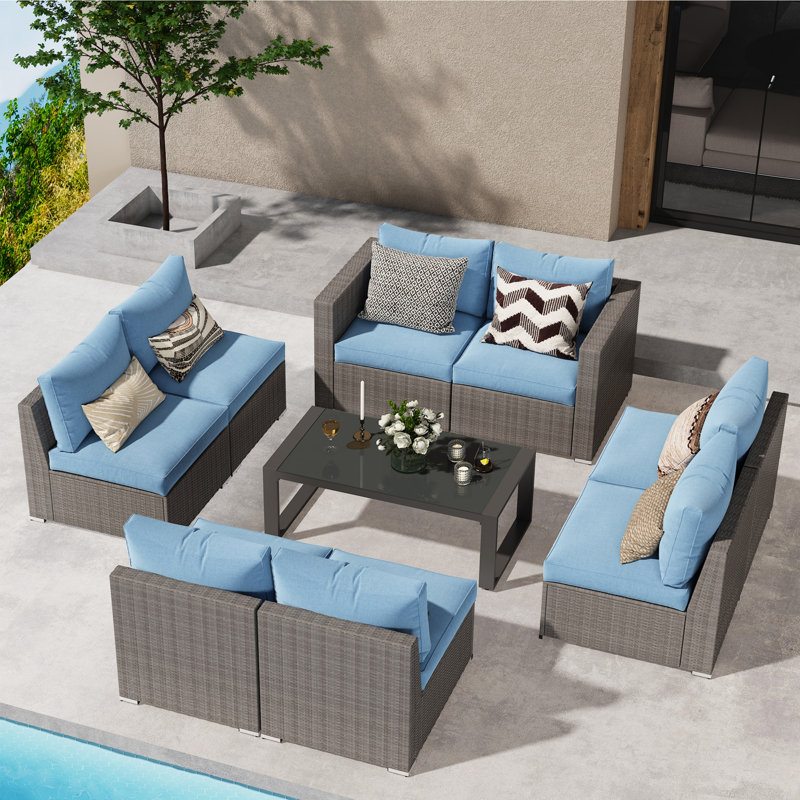 Patio Sectional Sofa Set With Coffee Table, 9 Pcs: Table, Loveseat, 6 Chairs