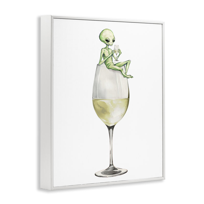 Alien perché sur un verre de champagne, estampe numérique, design par Lil 'Rue, H 14 po x l 11 po