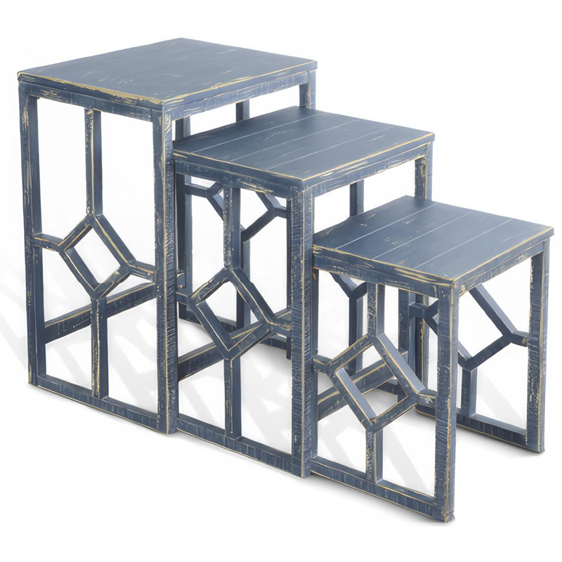 Rena 3 Piece Nesting Accent Table Set | Geometric Frame | Distressed Pebble Solid Mahogany Wood, Blue