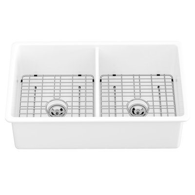 Évier en céramique à double cuve encastrable 32 po - Lavabo rectangulaire blanc pour un travail de cuisine hygiénique