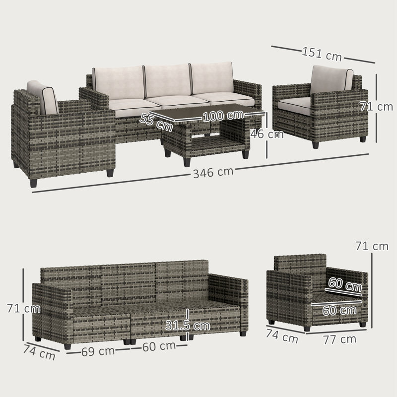 Outsunny 6 Pieces Rattan Garden Furniture Set 5 Seater Wicker Light Grey