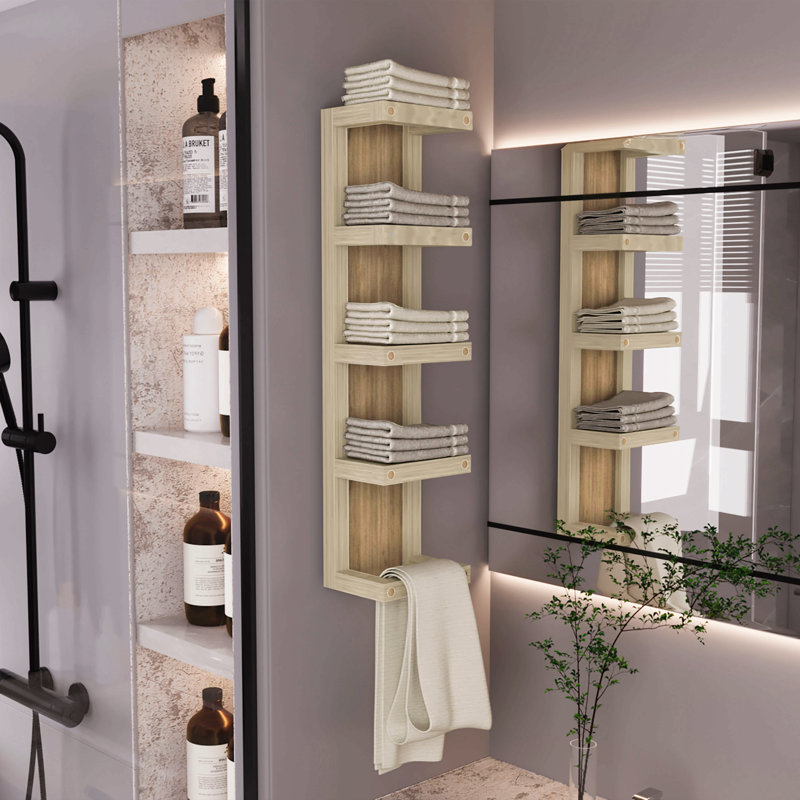 5-Tier Wall Towel Rack, Vertical Storage Organizer For Bathroom Towels And Accessories, Natural Oak