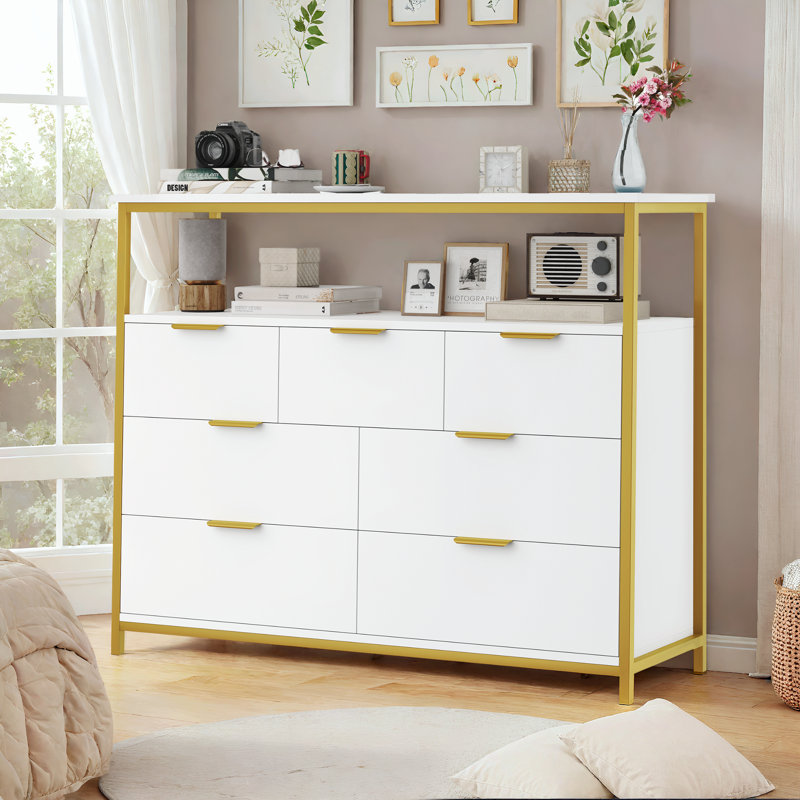 41.7"W 7-Drawer Double Dresser With Open Shelf, White
