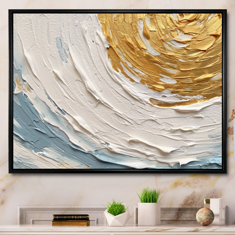 Art sur toile, spirales abstraites dorées et bleues II, Cadre flottant noir, H 16 po x l 32 po x P 1 po