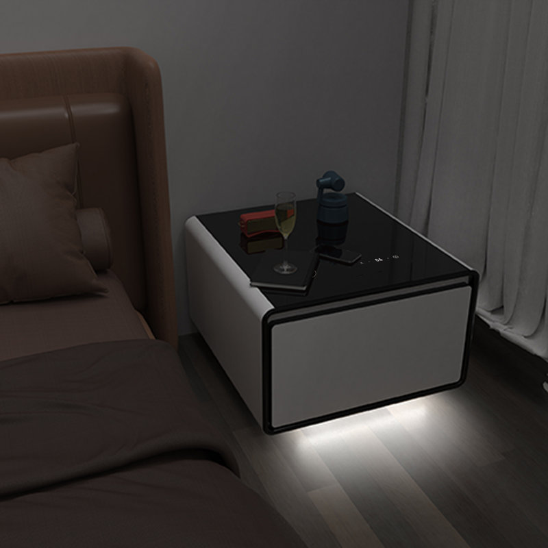 Smart End Table with Fridge and Built-In Outlets, White/Black