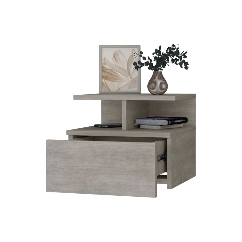 14" Wood One Drawer Floating Nightstand, Concrete Gray