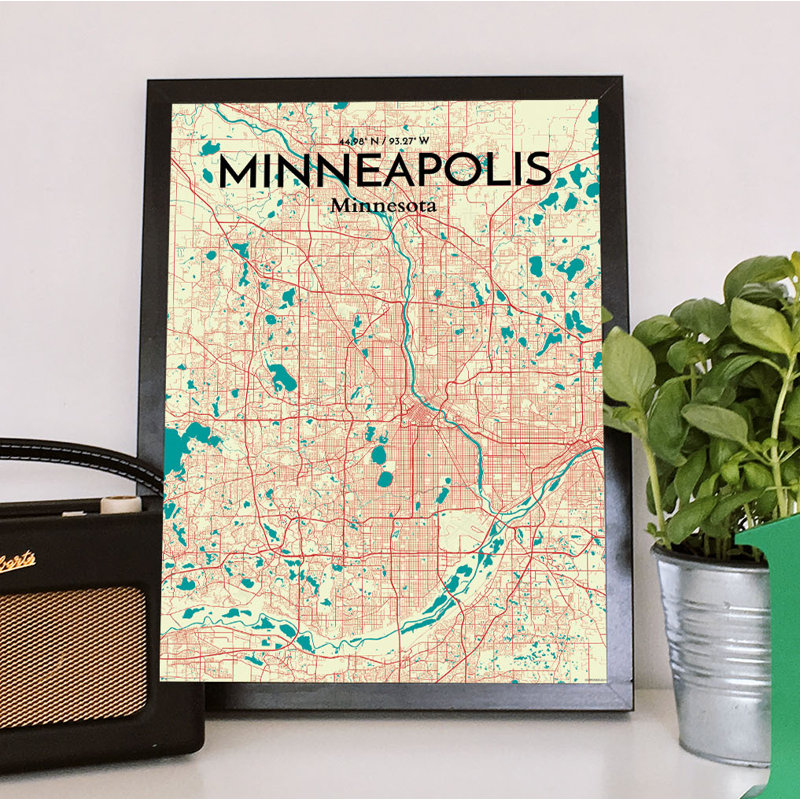 «Minneapolis City Map», reproduction d'impression sur affiche tricolore, H 17 po x l 11 po x P 0,05 po