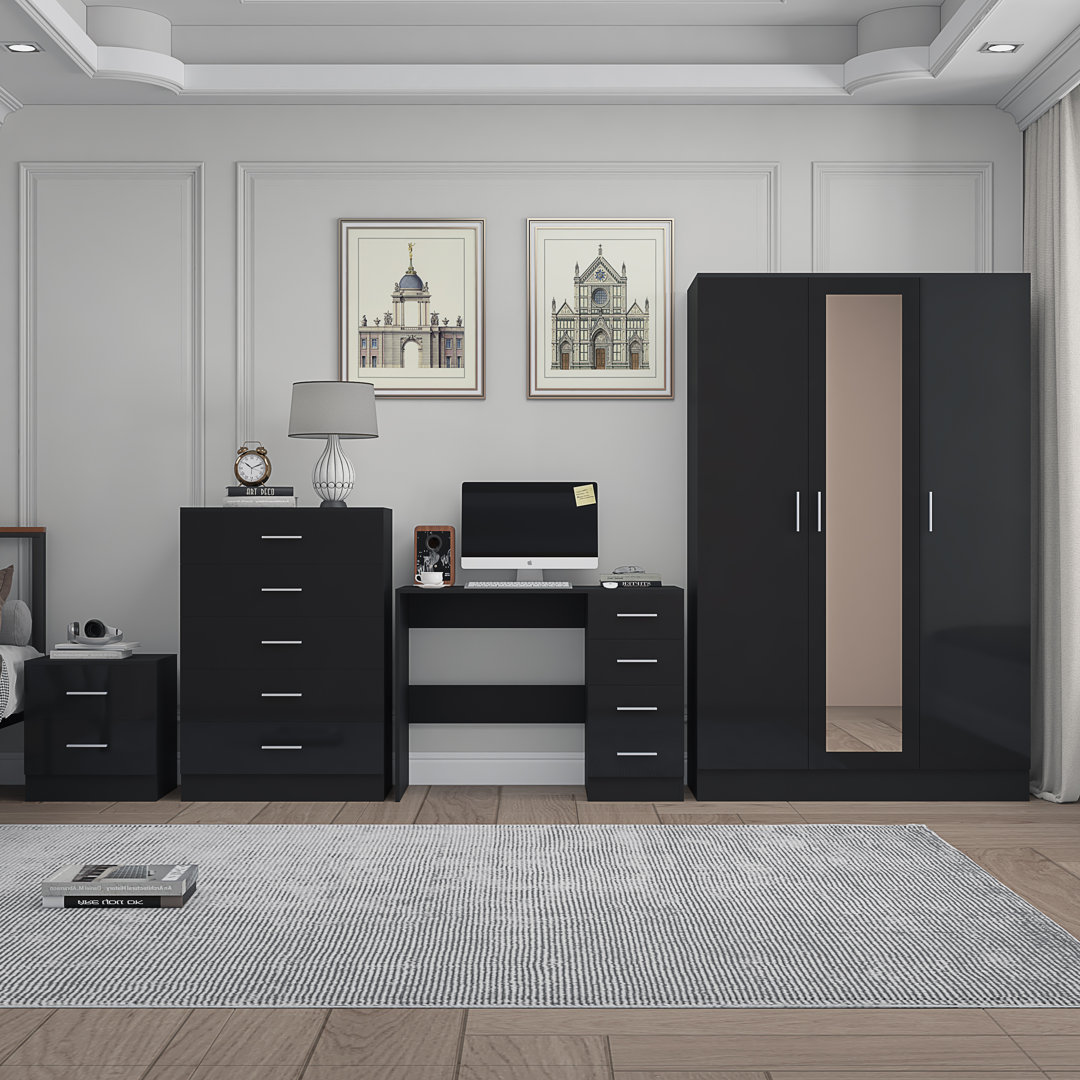 Eva High Gloss 3 Door Mirrored Wardrobe 4 Piece Bedroom Study Set