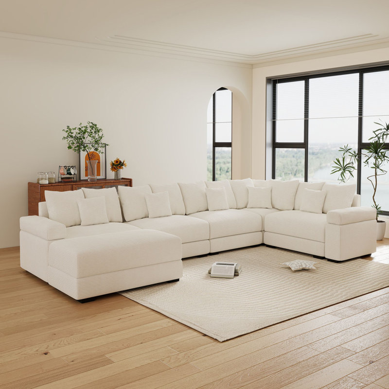 Canapé modulaire surdimensionné en L de 155 po avec repose-pieds en tissu velours côtelé, Velours côtelé beige