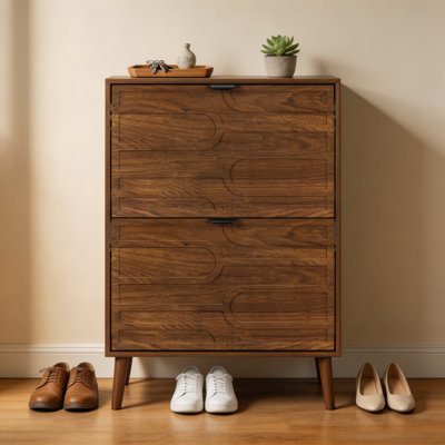 Armoire à chaussures indépendante médiévale moderne, armoire à chaussures en noyer de 23,62 pouces, armoire à chaussures avec 2 tiroirs rabattables, convenant aux couloirs et aux entrées