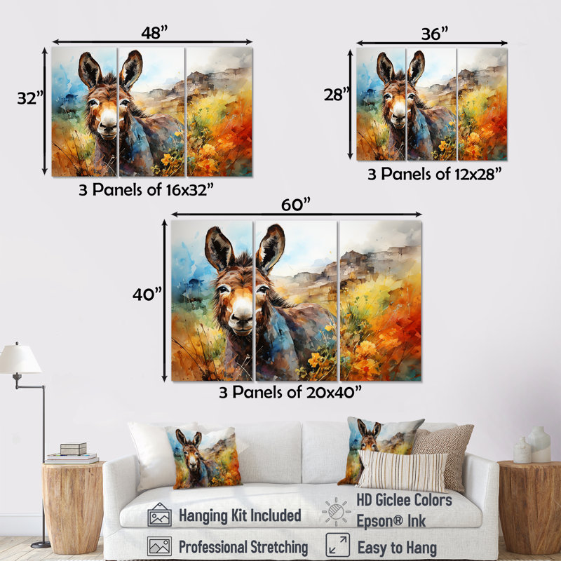 Patchwork Donkey Pastures I - Donkey, art mural, H 28 po x l 36 po