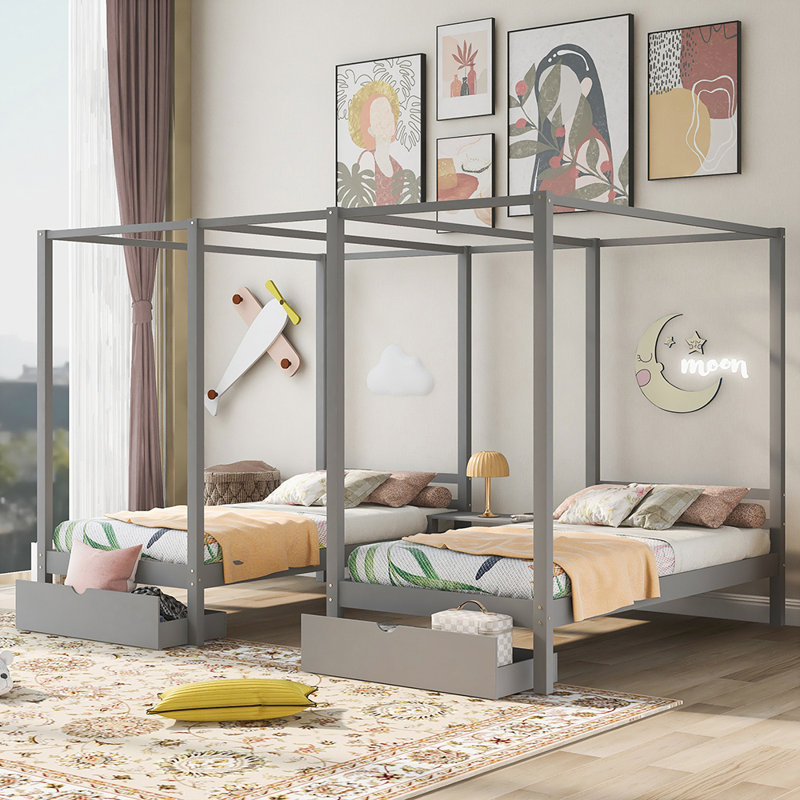 Lit double à baldaquin double avec deux tiroirs et bureau intégré, gris