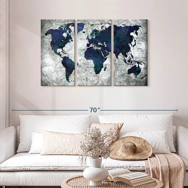 Ensemble de carte du monde sur toile 3 pièces, H 28 po x l 45 po x P 1,25 po