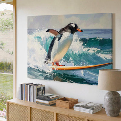 Wall Art Canvas Penguin Surfing Canvasplayful Ocean Scene With Orange Surfboard Ready To Hang Gallery Wrapped Home Decor Modern Design