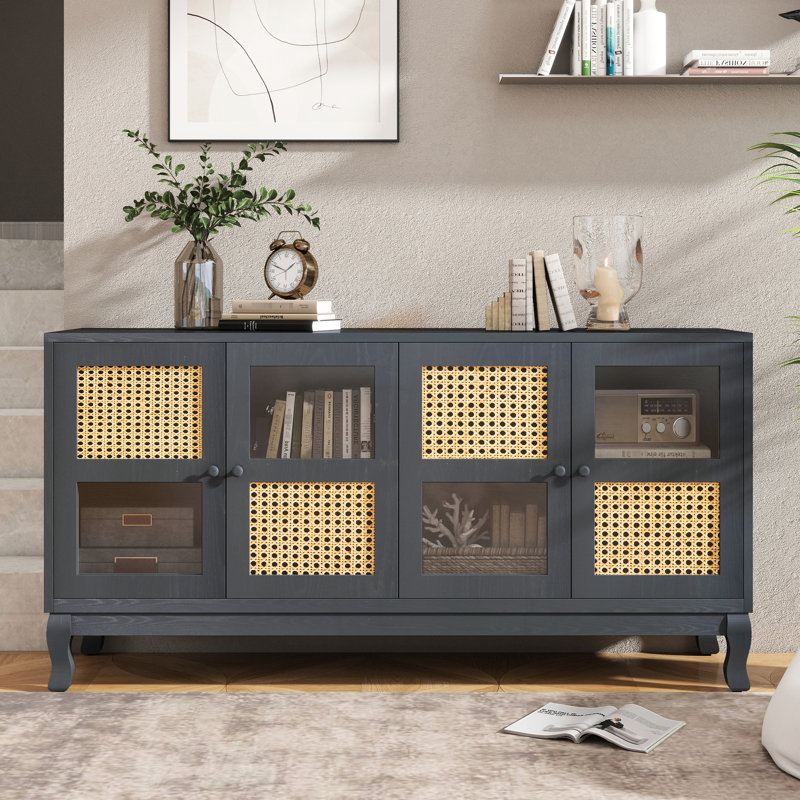 Buffet industriel gris avec capacité de rangement abondante - rétro à 4 portes. Belles portes en verre. Convient au vestibule, à la salle à manger, à la cuisine et au salon. Installation sans effort. Élégant