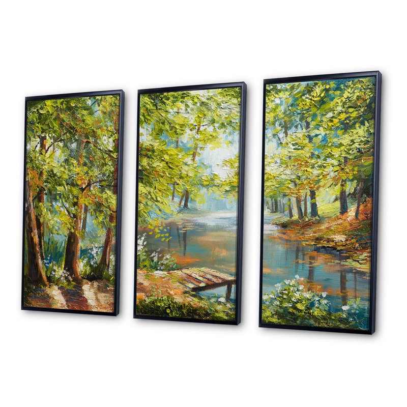 Forêt d'automne avec rivière méandreuse - ensemble de 3 toiles encadrées Lake House, H 28 po x l 36 po