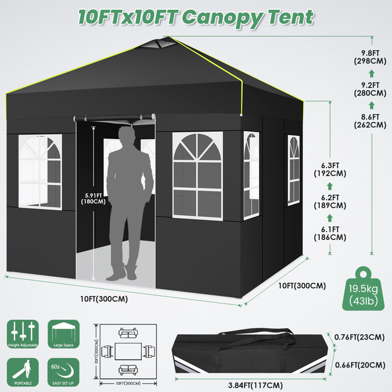 10x10 Pop Up Canopy Tent Gazebo with 4 Removable Sidewalls One Push Party Tent, Black