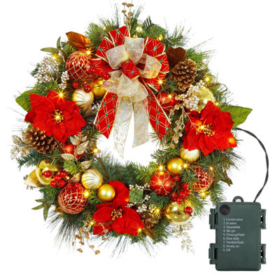 30 Inch Christmas Wreath with Lights, Lighted Large Outdoor Christmas Door Wreath with 40 Battery Operated LED Lights Red Gold Balls for Front Door Fireplace Window Holiday Home Decor