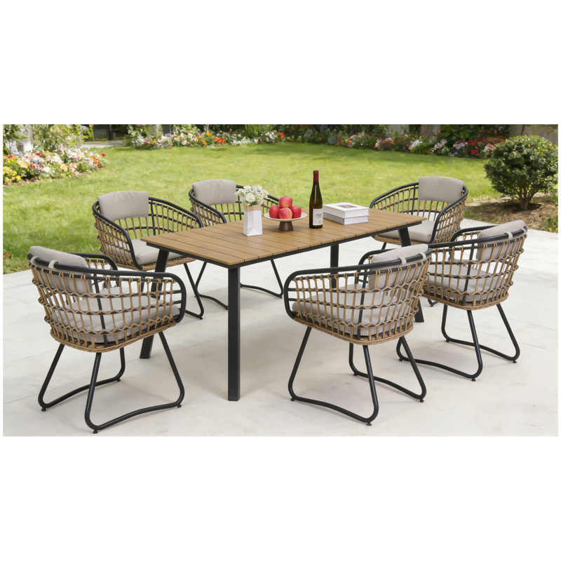 7-Piece Outdoor Wicker Dining Set with Wood-Plastic Composite  board Table