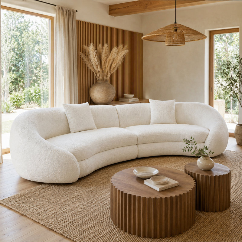 126" Modern Curved Sectional Sofa, Beige Polyester