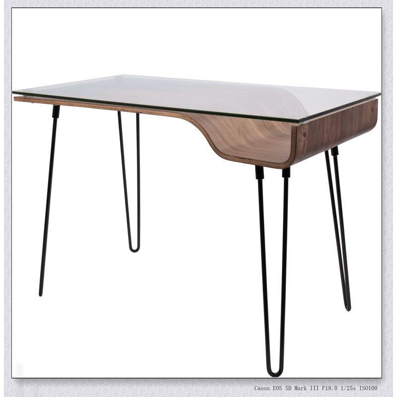 Bureau Avery de style Mid-Century moderne en bois cintré élégant et en verre trempé transparent, idéal pour le bureau à domicile et les petits espaces