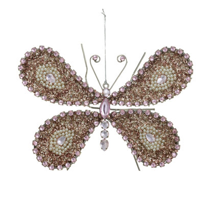 Ornement papillon en métal avec paillettes, perles de sable, finition argentée