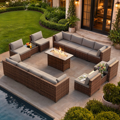 15 Piece Outdoor PE Rattan Sectional Sofa Set with Gas Fire Pit Table, Wicker Conversation Furniture Group with Glass Side Tables and Cushions for Backyard
