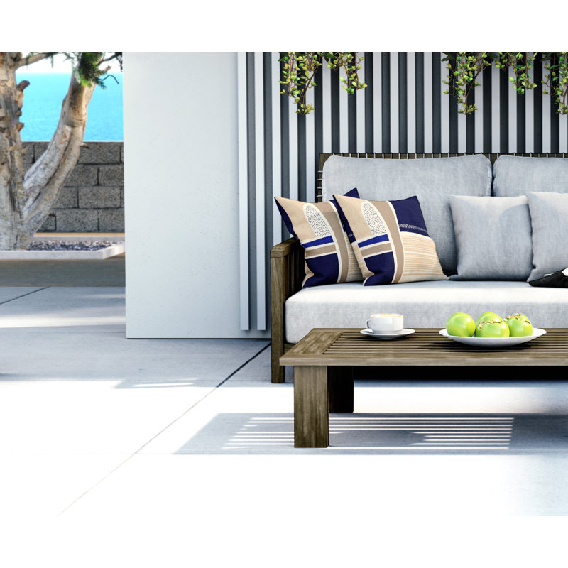 Jeté carré en polyester intérieur / extérieur, Beige/bleu marine, L 19 po x H 19 po
