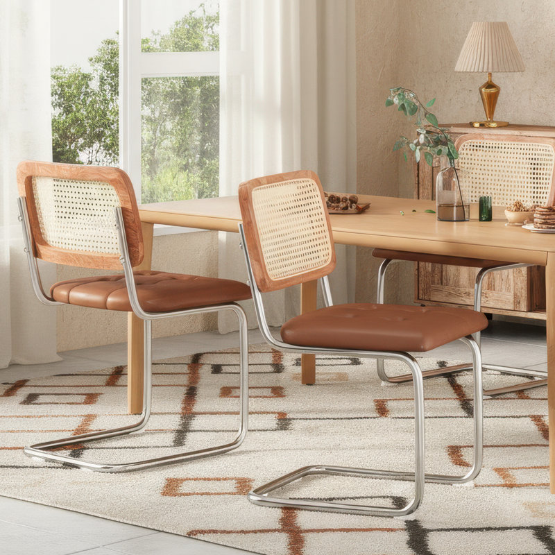 Faux Leather Upholstered  Cantilever Dining Chair with Chrome Legs, Brown