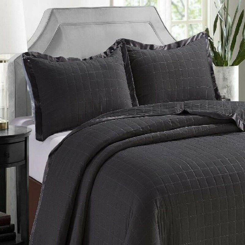 Osca Embossed Microfiber Bedspread Set All-Season Comforter Bed Throw with Matching Pillow Shams, Black