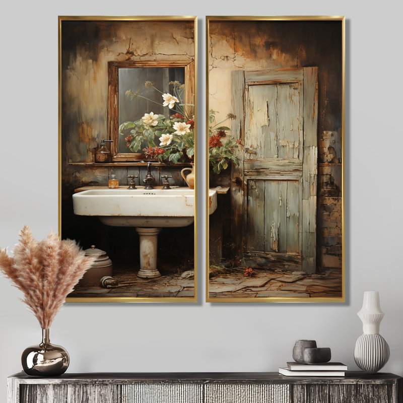 «Bathroom Rustic Charm», ensemble de 2 impressions sur toile, ensemble d'humour beige, H 32 po x l 32 po, Doré
