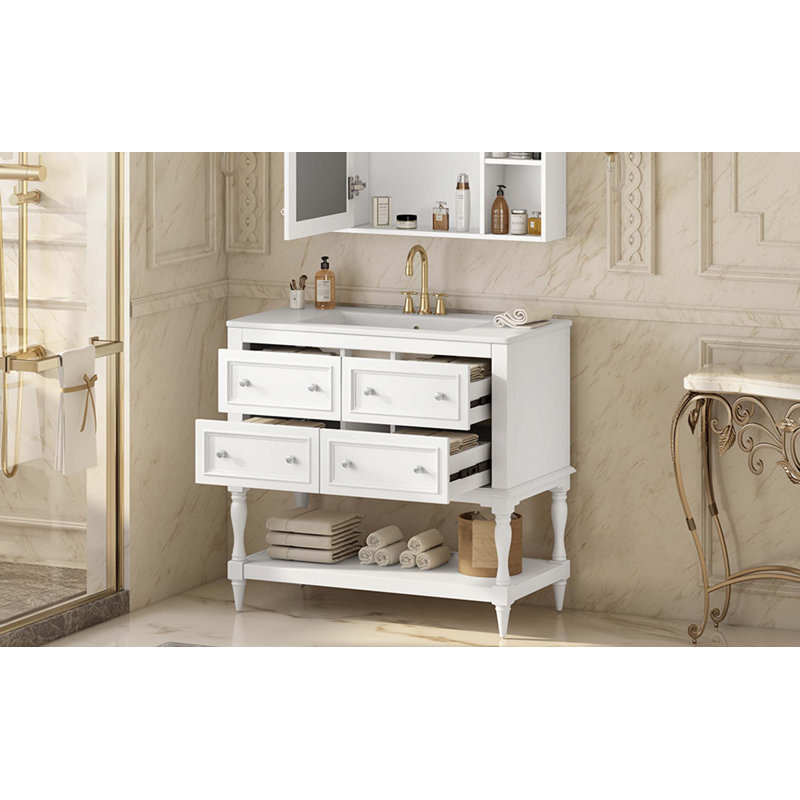Ensemble de meuble-lavabo 36 po avec ensemble de meuble-lavabo, lavabo en céramique encastré, ensemble de meuble-lavabo autoportant avec 4 tiroirs, armoire de salle de bain avec cadre en bois massif