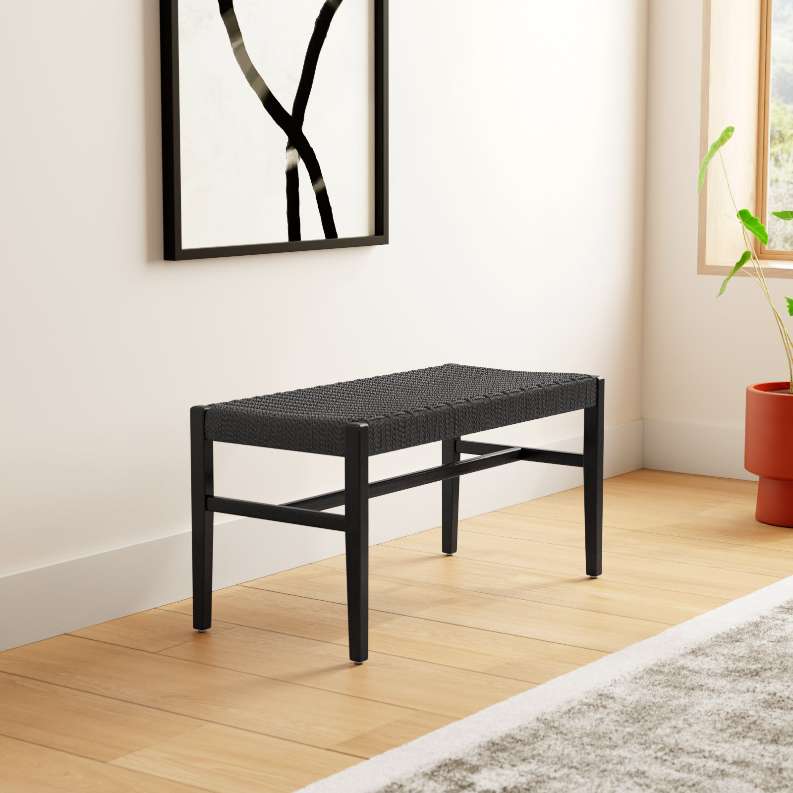 Piper Solid Wood Bench with Woven Rope Seat , 18" H x 36" W x 17" D, Black