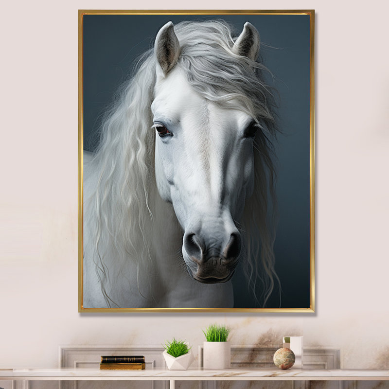 Kendallyn White Horse Crisp, impression monochrome sur toile, H 20 po x l 12 po x P 1 po, Cadre flottant doré