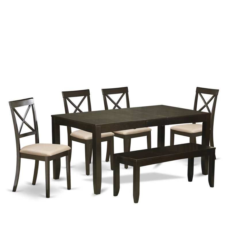6 Piece Dining Table Set Contains a Rectangle Dining Room Table with Butterfly Leaf and 4 Linen Fabric Upholstered Chairs with a Bench, Cappuccino