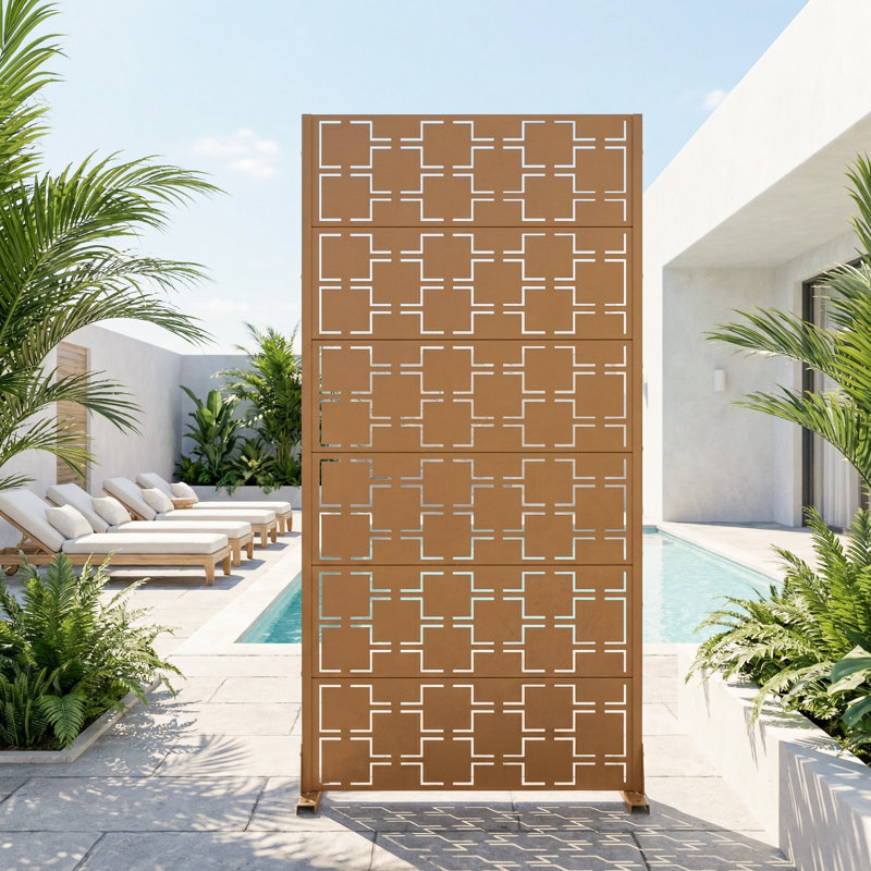 Metal Privacy Screen Fence Panel Square Pattern, Brown, 182.9cm H x 119.4cm W x 40.6cm D