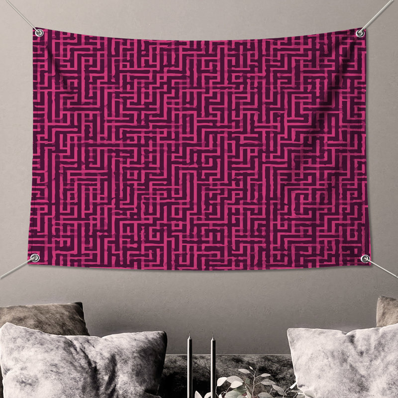 Tapisserie murale à motif de labyrinthe rose, H 104 po x 88 avec 4 œillets