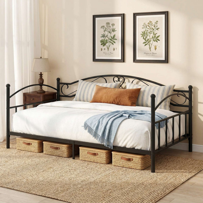 Heavy-Duty Rust-Resistant Twin Size Metal Daybed Frame With Elegant Curved Slatted Headboard & Reinforced Slat Support, No Box Spring Needed
