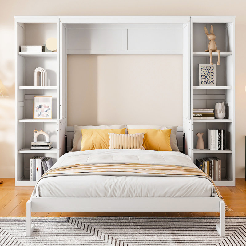 Lit escamotable Azfar avec bureau et bibliothèque, Grand, Blanc