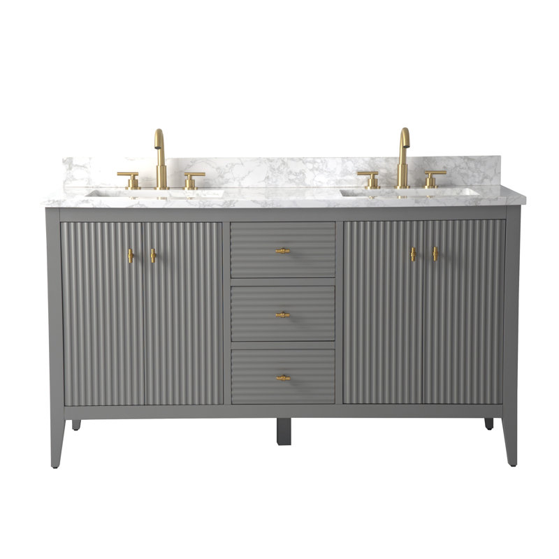 Ensemble de meuble-lavabo double 60 po, Doré brossé, Gris cachemire linéaire