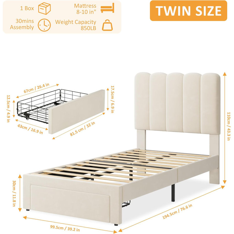 Cadre de lit simple 2 pièces avec tiroir sous le lit, tête de lit tapissier Wave, lattes en bois, pas de sommier tapissier, velours beige